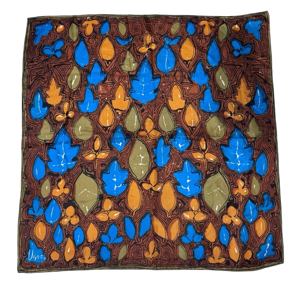 Vintage Vera Neumann Silk Leaves Scarf 27” Square Hand Rolled Hem Turquoise MCM